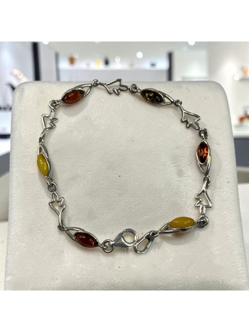 Sterling Silver Bracelet With Multi-Color Amber Stones 8-Inch Elegant Jewelry